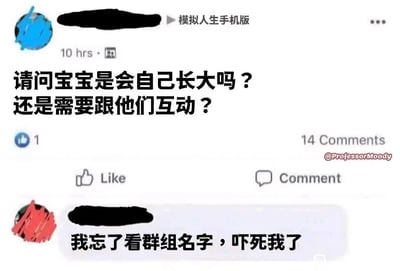 这是一张海外社交平台的群组截图，群组主题为“模拟人生手机版”。截图中，一名用户在群组内发布问题，询问游戏里的“宝宝”角色是否会自行长大，还是需要玩家进行互动操作；另一名用户看到问题后，因一开始没注意到群组名称，误将问题当成是现实中关于真实婴儿的养育问题，于是回复表示“我忘了看群组名字，吓死我了”，这个回复制造出了乌龙的喜剧效果，混淆了游戏虚拟角色和现实婴儿的相关场景，展现了玩家社区里的趣味互动。另外，关于提问的问题，在《模拟人生手机版》中，游戏内的宝宝会随着游戏时间自动成长，同时玩家与宝宝互动可以提升其相关属性、增进亲密度，让成长过程更丰富。