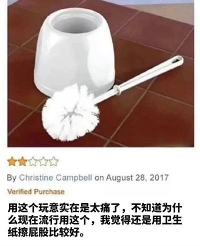 图片上半部分展示了一个白色马桶刷及其底座，放置在棕色瓷砖地面上。下半部分是用户评价内容，显示为2星评分（共5星），评价者为Christine Campbell，日期2017年8月28日，标记为“Verified Purchase”（已验证购买）。评价的中文内容为：“用这个玩意实在是太痛了，不知道为什么现在流行用这个，我觉得还是用卫生纸擦屁股比较好。”