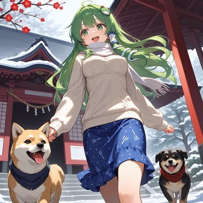 这是一张AI生成的二次元同人插画，画面核心是《东方Project》中的角色东风谷早苗：她留着标志性的绿色长发，戴着青蛙发饰，身穿米白色绞花针织毛衣与带白色波点的蓝色短裙，脖子围着浅色围巾，脸上洋溢着开心的笑容，正张开手臂在积雪的日式神社前和两只狗狗散步。背景里，神社的红柱、覆雪的传统屋顶，搭配旁侧带红色梅花的枝条，营造出温暖治愈的冬日闲适氛围，两只狗狗吐着舌头，看起来十分兴奋欢快。