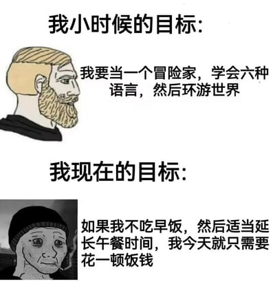 这是一张上下对比的Wojak衍生梗图，上方是意气风发的年轻Wojak形象，配文展示了小时候充满理想的目标：成为冒险家，学会六种语言并环游世界；下方是沧桑疲惫的Wojak形象，配文是现在的现实目标：通过不吃早饭、延长午餐时间来只花一顿饭钱。图中通过强烈的目标反差，调侃了成年人被生活磨平棱角，从满怀远大理想变得务实窘迫的状态，真实扎心，极易引发网友共鸣。图中无谐音梗、双关或暗示内容。