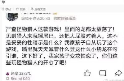 这是一张社交媒体截图，内容为一名用户发布的夸张吐槽，声称要“严查怪物猎人这款游戏”，理由是游戏中的龙“见到猎人就摇尾巴、把大屁股对着人”，认为存在“性暗示”，甚至调侃孩子玩后变成“龙性恋”。文本充满戏谑和反讽，模仿部分家长过度解读游戏内容的口吻，具有强烈的幽默讽刺效果。