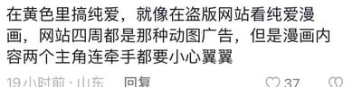 这是一张社交媒体评论截图，内容用生动的类比吐槽了“在黄色内容中加入纯爱元素”的违和感：就像在盗版漫画网站看纯爱漫画时，四周充斥着低俗动图广告，而漫画里的主角却连牵手都小心翼翼，形成强烈的反差萌。