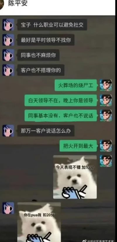 这是一张搞笑的聊天记录拼接梗图，对话围绕社恐人群想要寻找完全避免社交的职业展开：提问者询问什么职业能让领导、同事、客户都不打扰自己，回复者用夸张的「火葬场烧尸工」来回应，称该职业白天领导不在、晚上自己是领导、同事少且客户不会说话，当提问者追问「万一客户说话怎么办」时，回复者更是用「把火开到最大」的黑色幽默回答收尾，最后还配上两张小狗打分的表情包，分别是「今天表现不错 加10分」和「你在pua我 扣20分」，进一步强化了调侃的趣味，用极端的职业选择满足社恐的避世需求，笑点密集且充满黑色幽默。