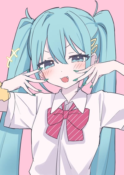 这是一幅原创卡通插画，主体是Crypton Future Media开发的虚拟歌手初音未来。她身着白色短袖衬衫搭配红条纹领结的校服造型，标志性的薄荷绿双马尾发型蓬松可爱，双手抬起放在脸颊两侧，指尖轻触脸部，脸颊泛起淡淡的红晕，眼睛半睁，神态害羞又带着一丝俏皮，背景是柔和的浅粉色，整体画风清新治愈，无谐音梗、双关或暗示内容。