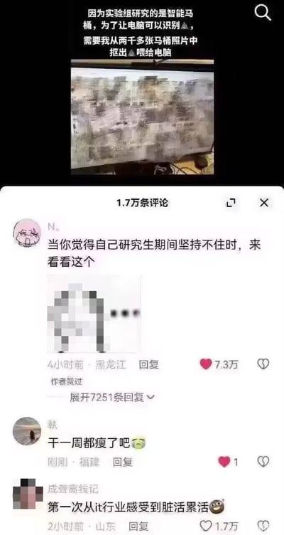 这张图是社交媒体内容截图，整体分为上下两部分，上半部分是发帖人自述：其所在的实验组研究智能马桶项目，为了训练AI识别马桶的对应部位，需要手动从两千多张马桶照片里抠出对应部位的素材投喂给电脑训练，配图是显示有大量马桶缩略图的电脑屏幕。下半部分是该内容的评论区，共有1.7万条评论，最高赞的评论调侃“当你觉得自己研究生期间坚持不住时，来看看这个”，获得7.3万点赞，另外还有其他评论吐槽这份工作又脏又累，戏称干一周能瘦，还有用户调侃第一次在IT行业感受到脏活累活，相关评论也获得了过万的点赞，整体内容是吐槽科研及AI数据标注工作的辛苦，充满搞笑感，容易引发相关从业者的共鸣。