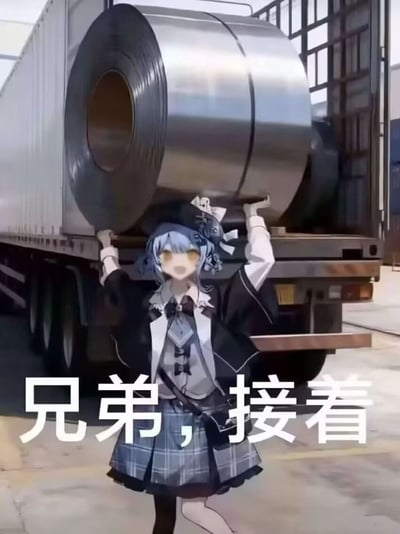 本图为二次创作的搞笑恶搞梗图：背景是真实拍摄的工业/物流卸货场地，一辆白色厢式重型货运卡车停在水泥地面上，车尾货厢处装载着一卷重量通常达数吨的大型银黑色金属钢卷；创作者将一个蓝发、黄瞳，头戴带装饰的黑色贝雷帽，身着黑蓝白拼色学院风外套、衬衫领结、蓝格百褶裙的二次元少女立绘抠图合成在画面中下部，少女双臂向上高高举起，手部位置刚好对齐钢卷底部，通过错位合成营造出她仅凭双手就稳稳托住整卷重型钢卷的荒诞效果；画面下半部分叠加醒目的白色粗体汉字“兄弟，接着”，模仿卸货工人招呼同伴接应货物的口语，用娇弱的二次元美少女形象、重体力工业卸货场景、吨级钢卷三者的强烈反差制造笑点，这类表情包通常可用于网络聊天中招呼朋友接梗、接取文件，或是调侃某人承担了远超能力范围的负重或任务。