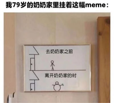 图片展示了79岁奶奶家中墙上挂着的一幅meme。画面主体是一个带边框的相框，内部用简笔画形式呈现了两组对比：上方标注“去奶奶家之前”，对应一个瘦长的 stick figure 小人；下方标注“离开奶奶家的时”，则是一个圆滚滚的 stick figure 小人。通过夸张的体型变化，幽默地表现了人们去奶奶家后被热情投喂导致“发胖”的温馨场景，体现了奶奶对晚辈的关爱以及互联网文化在长辈中的渗透。