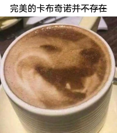这是一张充满幽默反差感的搞笑梗图，图片上方配有文字“完美的卡布奇诺并不存在”，下方的白色杯子里装着卡布奇诺，其表面的拉花完全失败，呈现出一个模糊扭曲、造型怪异的类似动物的图案，和人们印象中精致美观的咖啡拉花形成巨大反差，用这种真实的失败创作，调侃了“完美”在日常小事物中的不可得，容易引发人们对生活中不尽如人意小细节的共鸣。