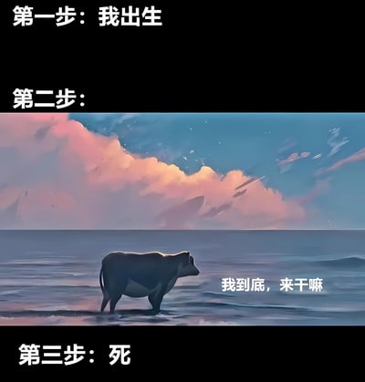 这是一张以人生阶段为主题的图文混排梗图，通过三步式结构幽默表达存在主义困惑。图片上方为“第一步：我出生”，中间是一幅插画风格的海景图——一头牛独自站立在海边浅水区，背景是粉紫色晚霞与蓝色天空交织的云层，牛的右侧配有文字“我到底，来干嘛”，底部则是“第三步：死”。整体通过简洁的文字与具象化的动物形象，调侃了从出生到死亡过程中对生命意义的迷茫。