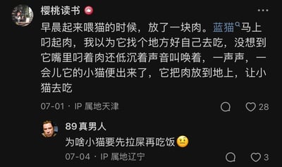 社交媒体截图展示了用户“樱桃读书”分享的暖心故事：早晨喂猫时，蓝猫叼着肉没有自己吃，而是呼唤小猫出来并把肉留给它们。随后另一位用户“89真男人”评论“为啥小猫要先拉屎再吃饭😆”，形成了幽默的互动效果。