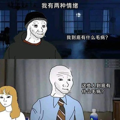 这是一张上下拼接的meme梗图，用经典Wojak角色展现了当代人常见的两种情绪状态：上方是深夜独处的场景，戴帽Wojak神情沮丧落寞，叼着烟陷入自我内耗，配文“我到底有什么毛病？”，体现出自我怀疑的负面情绪；下方是日常社交/职场类场景，光头Wojak神情不耐烦、嫌弃，叼着烟吐槽他人，配文“这些人到底有什么毛病？”，表达对他人行为的不满。顶部的文字“我有两种情绪”点明主题，精准戳中很多人在自我反思内耗与对外吐槽之间切换的日常状态，引发共鸣。图中还有一位表情冷漠的女性角色，进一步烘托出场景的疏离感。