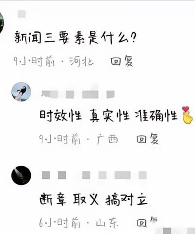 本图片为网络评论区的搞笑对话截屏，提问新闻三要素是什么，有网友正经答“时效性、真实性、准确性”，另一网友则用“断章取义、搞对立”反讽网络舆论风气，形成强烈的反差和幽默效果，是典型的中文互联网梗图。带有一定的双关和讽刺意味。