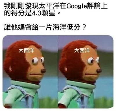 图片上方文字称“太平洋在Google评论上的得分是4.3颗星”并发出“谁他妈会给一片海洋低分？”的疑问。下方为左右两张相同的红色木偶猴图片，每张图片上均标注“大西洋”文字，通过将大西洋拟人化，暗示其可能是给太平洋低分的“评论者”，形成幽默的反差效果。