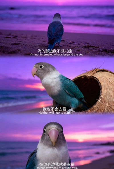三张拼接的海边日落场景图，主角为一只蓝白相间的鹦鹉。上图中鹦鹉背对镜头站在沙滩上眺望大海，配文“海的那边我不感兴趣”；中图鹦鹉从椰子壳中探出头望向侧面，配文“我也不会去看”；下图鹦鹉直视镜头，配文“在你身边我就很幸福”。整体营造出一种珍惜当下、知足常乐的治愈氛围。图片采用梦幻的紫色调日落背景，海浪与沙滩细节清晰，鹦鹉神态生动自然。