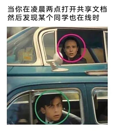 这是一张由影视截图改编的梗图，上方配文“当你在凌晨两点打开共享文档然后发现某个同学也在线时”，截图取自美剧《伞学院》的经典场景，图中两个角色分别被粉色和绿色圆圈标注，两人均露出震惊、错愕的表情，精准还原了熬夜赶作业或赶项目的学生，在凌晨的共享文档里意外发现同学也在线时，那种彼此都没想到对方也在熬夜赶工的尴尬又震惊的心情，十分贴合学生群体在协作任务中熬夜时的社死瞬间，容易引发学生群体的共鸣。