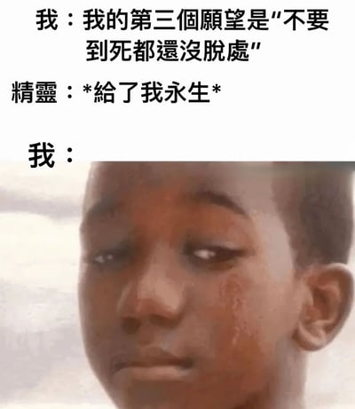 这是一张幽默梗图，上方是文字对话，下方是一个表情震惊的人的面部特写。对话内容是："我：我的第三个愿望是'不要到死都还没脱处' 精灵：*给了我永生* 我："。图片通过精灵对愿望的字面理解制造笑点 - 精灵为了确保"不到死都没脱处"而给予永生，实际上却让这个愿望永远无法实现。