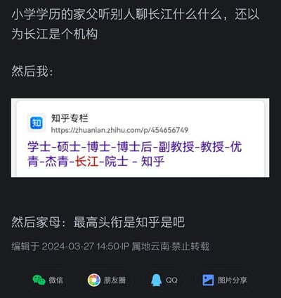 小学学历的父亲听到别人聊学术圈的「长江」，误以为是某个机构，于是用户分享了知乎上的学术头衔晋升路径图（学士-硕士-博士-博士后-副教授-教授-优青-杰青-长江-院士）来解释，结果母亲看错标题末尾的「知乎」，误以为这是最高头衔，闹出了搞笑的家庭趣事。
笑点在于家母将标题末尾的平台名称「知乎」当成了头衔的一部分，形成了错位的幽默效果。