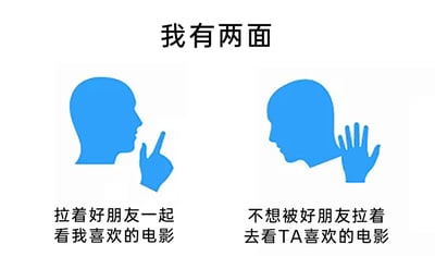 这是一张吐槽日常双标行为的网络梗图，顶部以‘我有两面’作为核心标题，采用左右对称的对比式布局呈现内容。左侧是一个蓝色抽象人头图标，搭配的手做出类似邀请的手势，下方配有文字‘拉着好朋友一起看我喜欢的电影’，展现了人们想要将自己的喜好安利给朋友、希望朋友认同自己爱好的心态；右侧是另一个蓝色抽象人头图标，搭配的手做出明确的拒绝手势，下方配有文字‘不想被好朋友拉着去看TA喜欢的电影’，呈现了人们面对朋友的安利时，抗拒迁就对方喜好的状态。图片通过这种强烈的行为反差，精准刻画了人们在与朋友相处时的双标心理：只希望自己的喜好被接纳，却不愿配合朋友的选择，这种细节十分贴合日常社交中的真实场景，能够引发大众的情感共鸣。