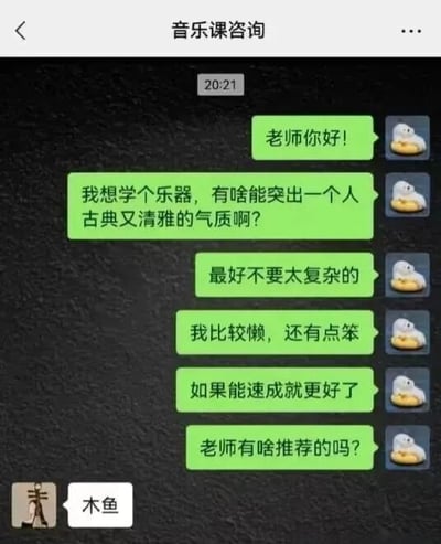 这是一张微信聊天记录截图，展示了学生向老师咨询乐器学习的趣味对话。学生提出希望学习一种能体现“古典清雅气质”、“不复杂”、“适合懒人”且“能速成”的乐器，老师则以“木鱼”二字简洁回复。对话通过高雅期望与极简答案的强烈反差制造幽默效果，生动调侃了部分人想“轻松提升气质”的心态，整体风格轻松诙谐。
