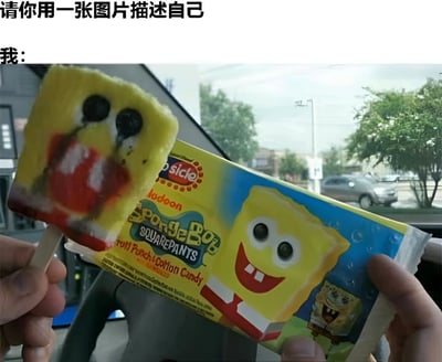 图片上方有文字“请你用一张图片描述自己”和“我：”，下方主体为两只手的特写：左手拿着一根已严重融化的海绵宝宝造型冰淇淋，黄色主体变形，黑色眼睛和红色嘴巴图案晕开模糊；右手拿着对应的冰淇淋包装，包装上印着笑容灿烂、形象清晰的海绵宝宝卡通形象，背景可见车窗外的街道和树木。通过包装上完美的卡通形象与现实中融化变形的冰淇淋对比，幽默展现“理想自我”与“现实自我”的差距，充满自嘲和趣味性。
