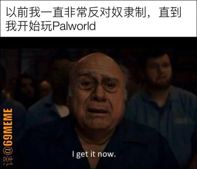 这张梗图用戏谑的方式展现了玩家从反对奴隶制到玩了Palworld后态度大转弯的心理变化。图上大字说明主角以前非常反对奴隶制，直到他开始玩Palworld（该游戏因让宠物“劳作”机制而被网友打趣有“奴役”倾向）。下方则配了知名台词“I get it now.”，强化这种反转幽默。整体充满自嘲、社会讽刺和游戏文化的讨论氛围，很适合游戏圈和网络段子手引用。有明显的双关和讽刺意味，调侃了现实观点与游戏行为的落差。
