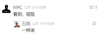 这是一张社交媒体评论区的静态单图截图，展示了两条网友的互动评论。第一条评论来自用户“NPC”，IP属地显示为北京，发布于23小时前，内容为“看到；现现”，该评论获得5个点赞；第二条评论来自用户“五路”，IP属地显示为山东，发布于10小时前，内容为“一样诶”，带有未点亮的点赞按钮。每条评论旁都配有用户的个人头像，整体界面是典型的社交平台评论区样式，呈现出网友之间针对某一共同内容产生的简单共鸣互动。