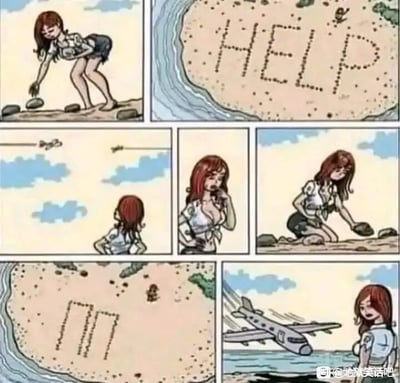 这是一组由六格画面组成的连环静态漫画，讲述了一名被困荒岛的女性发生的乌龙趣事：第一格中，女性弯腰在沙滩上用石头摆出“HELP”的求救字样；第二格以高空视角呈现，能清晰看到沙滩上的“HELP”和旁边的女性小身影；第三格，女性抬头看到空中有一架飞机拉着写有“招聘”的横幅飞过；第四格，女性手托下巴，露出若有所思的神情；第五格，她将沙滩上的“HELP”改成了类似两个“Π”的形状；第六格，一架飞机降落在荒岛附近的海面，女性站在岸边，脸上露出懊恼、后悔的神情。漫画的笑点在于女性误将招聘飞机当成救援飞机，修改了求救信号，结果引来的是招聘的飞机，错失了向外界求救的机会，用反转的情节制造出荒诞的幽默效果。