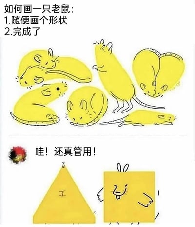 这是一张幽默风格的绘画教程图，标题为“如何画一只老鼠”。上方文字列出两个步骤：“1.随便画个形状”和“2.完成了”，下方配有多个黄色填充、黑色线条勾勒的老鼠简笔画，这些老鼠形态各异，有的像香蕉、有的像心形、有的像圆形等。图片下半部分有一个红色爆炸头表情图案和文字“哇！还真管用！”，旁边画了三角形和正方形形状的老鼠，进一步呼应“随便画个形状”的搞笑教程主题。整体风格轻松诙谐，通过夸张简化的方式调侃绘画难度。