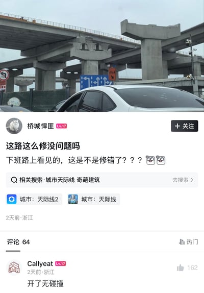 整张图是社交媒体内容截图，上半部分是现实场景实拍：一处正在建设中的多层高架桥，部分桥体和桥墩看起来衔接错位，仿佛出现了施工失误；下半部分是社交平台的发帖内容，用户“桥城悍匪”配文疑惑这路是不是修错了，内容下方的相关搜索关联了游戏《城市：天际线》，热门第一条评论为“开了无碰撞”，是仅《城市：天际线》玩家能看懂的相关梗。
