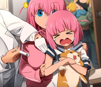 这是一张《孤独摇滚！》的同人创作图，画面呈现了长大后的后藤独（波奇酱）抱着小时候的自己，面对医生的注射器，小时候的波奇酱紧紧抱着柴犬玩偶，哭得满脸泪水，崩溃抗拒打针；长大后的波奇酱则露出紧张又担忧的神情，努力安抚着小时候的自己。背景中还能看到模糊的其他角色身影，整个场景还原了许多人小时候害怕打针的经历，很容易引发共鸣。