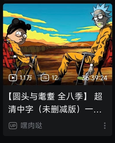 这张图片展示了《瑞克和莫蒂》的两个主角——瑞克和莫蒂，被恶搞成穿着橙色囚服坐在红色折叠椅上，在沙漠夕阳下进行对话的场景。图片下方模仿视频平台界面，写着"【圆头与耄耋 全八季】超清中字（未删减版）一..."，并显示有1.1万观看、12条评论和夸张的36小时39分钟24秒时长。