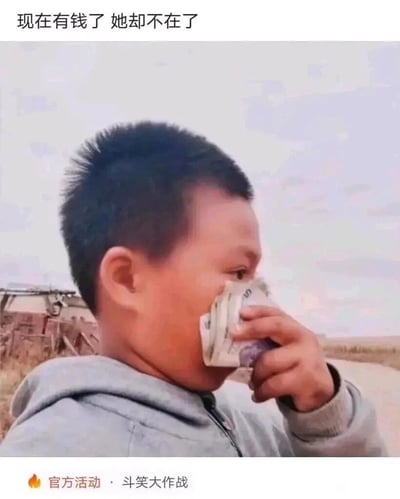 这是一张为参与搞笑活动创作的梗图，图片上方配有文字“现在有钱了 她却不在了”，营造出一种在拥有财富后却失去重要之人的悲伤氛围；图中主体是一位身处乡村户外场景的小男孩，他手持一叠钞票凑在脸前，做出类似用钞票擦拭眼泪的动作，将钞票替代纸巾的荒诞行为和伤感的文字配文形成强烈的反差感，以此制造出荒诞搞笑的效果，图片底部标注的“官方活动·斗笑大作战”也表明了其创作的活动背景。