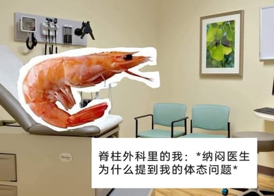 这是一张搞笑合成梗图，背景是典型的脊柱外科诊室，画面中可见诊疗检查床、墙上的听诊设备、血压计等医疗器材，还有两把候诊椅和办公区域。创作者将就诊者的形象替换成了一只身体严重弯曲的熟虾，这只虾趴在检查床上，形态完美对应了含胸驼背、脊柱弯曲的不良体态。画面下方配有白色背景的中文文字：“脊柱外科里的我：*纳闷医生为什么提到我的体态问题*”，用自嘲的方式调侃自己因为长期不良习惯导致体态严重变形，却还没有自知之明，疑惑医生为何提及体态问题的搞笑心态，戳中了当代久坐人群的体态困扰痛点，引发共鸣。
