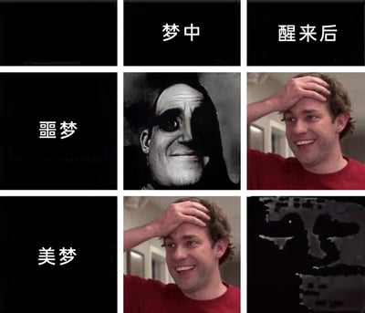 这是一张采用九宫格布局的反差梗图，以“梦境体验”为主题制造笑点。图中分为三个横向板块：第一行是功能表头，标注“梦中”与“醒来后”；第二行对应“噩梦”场景，梦中呈现一张暗黑风格的诡异恐怖人脸，醒来后则是美剧《办公室》里的角色吉姆·哈尔pert单手扶额、一脸庆幸的表情，表现出从噩梦中脱离的庆幸；第三行对应“美梦”场景，将第二行的画面反转，梦中是角色庆幸的表情，醒来后却只剩模糊的像素化恐怖残影，以此调侃“美梦易醒、现实只剩失落残影”的情绪落差，通过反转常规的梦境体验逻辑，强化了搞笑效果。