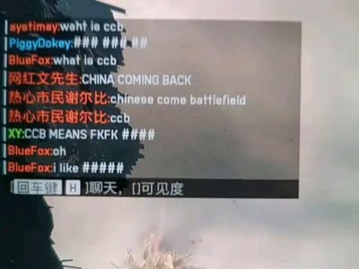 这是一张多人在线游戏内的聊天界面截图，界面中多名来自不同地区的玩家围绕缩写“ccb”的含义展开讨论。玩家ayetimay、BlueFox先后用英文询问“ccb是什么”，中文ID的玩家“网红文先生”给出释义“CHINA COMING BACK”，玩家“热心市民谢尔比”则给出另一个解读“chinese come battlefield”并重复“ccb”，玩家XY则给出了一个无意义的恶搞回复“CCB MEANS FKFK ###”，之后BlueFox回复“oh”和“i like ###”。界面底部还有游戏的操作提示文字：“[回车键 H ]聊天, []可见度”。整个场景是玩家在游戏的公共聊天频道里进行的轻松互动，没有双关、谐音梗或暗示类内容。