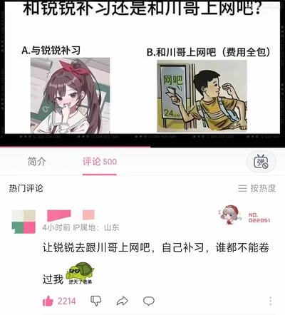 这是一张B站的梗图截图，上方设置了一个二选一的选择题：A选项是和扎马尾的可爱动漫女生锐锐一起补习，B选项是和川哥去费用全包的网吧。下方是B站的评论区，热门评论给出了一个机智的反套路回复：“让锐锐去跟川哥上网吧，自己补习，谁都不能卷”，完美避开两难选择的同时，精准戳中“反卷”的网络情绪，笑点拉满。
无谐音梗、双关或暗示内容，核心是靠反常规的回复制造趣味。