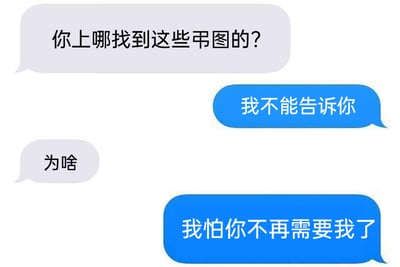 这是一张网络聊天记录截图，对话共分为四轮：首先是灰色气泡的提问者询问蓝色气泡的回复者“你上哪找到这些弔图的？”，其中“弔图”是网络流行语，指搞笑有趣的梗图；回复者以“我不能告诉你”回应；接着提问者追问“为啥”，回复者给出了充满依赖感的答案“我怕你不再需要我了”。这段对话用直白又细腻的方式，表达出回复者担心对方掌握找图渠道后，就不再需要自己提供的相关帮助，流露出害怕失去自身价值、害怕被对方疏远的柔软情绪，通过略带撒娇的语气拉近了对话双方的心理距离。