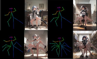 图片为2x4网格布局，展示了从简笔火柴人姿势到完整动漫角色插画的创作过程对比。左侧两列是不同姿势的彩色火柴人骨架图，使用不同颜色标记身体各个部位；右侧两列则是基于这些骨架创作的详细动漫女性角色插画，角色们摆出与火柴人相对应的姿势，展示了如何从基础结构发展为完整角色。
