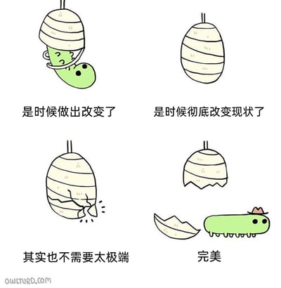 这是一组四格幽默卡通漫画，以拟人的绿色毛毛虫为核心角色，展现了一个关于改变的趣味心理过程：第一格中，毛毛虫半从悬挂的茧中探出身体，面露苦恼，配文表达了想要做出改变的想法；第二格呈现完整的悬挂茧，配文强化了彻底改变的决心；第三格的茧出现裂痕，配文体现出心态的退缩，觉得改变不必太极端；第四格中，茧完全碎裂，毛毛虫戴着一顶帽子惬意地爬行，配文“完美”点明了最终找到折中满意状态的结果。漫画用轻松诙谐的方式，映射了人们在生活中寻求改变时，从下定决心到犹豫调整，最终找到适合自己的方案的普遍心理，充满生活化的幽默感。