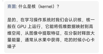 这是一张纯文字的社交媒体截图，内容围绕提问「什么是核（kernel）」展开，回答将操作系统内核、机器学习核方法、核物理相关概念混搭在一起，最后落到日常生活里水果果核的含义上，利用「kernel」一词多义制造出幽默效果，调侃术语学习中的混淆感，是一个趣味同名词梗。