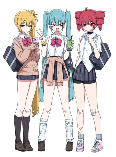 这是一幅ACG同人插画，将虚拟歌姬镜音铃（VOCALOID）、初音未来（VOCALOID）、重音Teto（UTAU）改编为日式高中JK形象。左侧的镜音铃留着金色双马尾，身着卡其色开衫搭配校服，低头看着粉色手机，表情冷淡无精打采；中间的初音未来是蓝绿色双马尾，对着镜头比V字手势、吐舌搞怪，手持一杯抹茶珍珠奶茶，尽显活泼俏皮；右侧的重音Teto是红色卷马尾，戴着黑色项圈，嘴里叼着棒棒糖，膝盖贴有创可贴，抓着书包带的模样酷拽十足。整体画面细节丰富，充满校园青春感，是粉丝向的原创校园化改编创作。