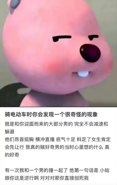 图片上半部分为粉色卡通小熊的面部特写，表情略显困惑和不满，眼睛微眯，脸颊泛红，鼻子为深紫色。下半部分为文字内容，描述了骑电动车时遇到的现象：大部分迎面而来的男性不会减速或躲避，认为女性会先行，作者对此感到好奇。并讲述了一次碰撞经历，对方指责作者逆行，作者讽刺回应“对对对那你直接创死我”。整体通过卡通形象与文字结合，表达对该交通现象的困惑与无奈。