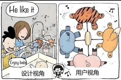 这是一幅左右分栏的对比类搞笑漫画，左侧为“设计视角”：一对卡通风格的父母扶着婴儿床的栏杆，满脸笑意地看着床上的婴儿，上方的对话气泡分别写着“He like it”和“Enjoy babe”，床上方悬挂着的动物挂铃展示的是可爱的动物正面形象，看起来温馨又可爱，父母以为婴儿正看着这些可爱的动物玩具。右侧为“用户视角”，也就是婴儿的视角：此时挂铃上的动物玩具都以屁股对着观看者，转起来的挂铃在婴儿眼里全是动物的臀部，和设计师预想的可爱画面形成巨大反差。两栏中间还有一个大笑着跳绳的小卡通人物，强化了这种认知错位带来的搞笑效果，调侃了设计者与使用者之间的体验偏差，让人会心一笑。