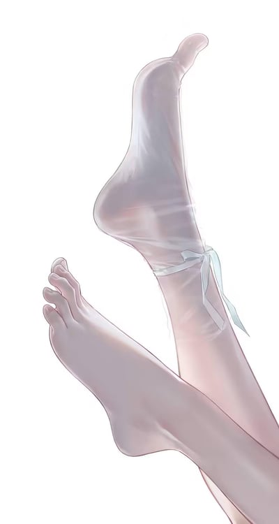 一张风格化插画，展示了一双穿着透明丝袜的女性脚部特写。脚踝处系着一条浅蓝色丝带蝴蝶结，脚趾自然舒展，丝袜材质呈现出半透明的光泽感。画面采用纯白色背景，突出脚部线条和丝袜质感。