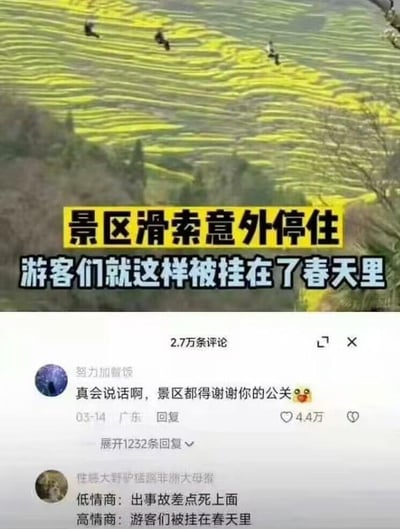 图片展示了一处风景优美的梯田油菜花景区，几名游客因滑索意外停住而被悬挂在空中。图片上方是实景拍摄的黄色梯田花海，下方配有文字说明和社交媒体评论区。评论区中网友幽默对比了低情商和高情商的表达方式："低情商：出事故差点死上面；高情商：游客们被挂在春天里"，展现了网络用语的幽默转化。