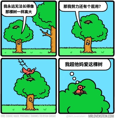 四格漫画讲述了一棵小树的心理变化过程。第一格中小树看着旁边高大的树说："我永远无法长得像那棵树一样高大"，表现出对自身不足的沮丧。第二格中小树进一步质疑："那我努力还有个屁用?"，表达了失去动力的绝望。第三格中一只小鸟飞进了小树的树冠。第四格中小树态度转变，开心地说："我超他妈爱这棵树"，展现了发现自身价值和被需要后的积极心态转变。