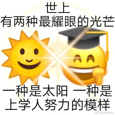 这张梗图用两种经典emoji（太阳和笑脸带学士帽）配合文字讲述“世上有两种最耀眼的光芒：一种是太阳，一种是上学人努力的模样”。画面故意将两种emoji脸部放射出夸张光芒，制造出视觉上的“耀眼”效果，调侃并激励学习者要努力。这种梗图有轻松幽默的风格，经常在学生、考试季等场合流行。

本图未涉及双关、谐音梗，但“最耀眼的光芒”用于形容‘努力学习的人’，属于一种夸张和正向调侃。