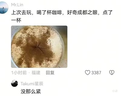这是一张社交媒体评论区的截图，用户Mr.Lin发布动态称自己因为好奇点了名为“成都之眼”的咖啡，并附上了咖啡的照片：咖啡表面的粉饰形成了类似人体菊花的形状。下方用户Takumi星辰评论“没那么紧”，结合咖啡的造型玩低俗暗示梗，用调侃的方式互动，整体氛围搞笑。
双关暗示说明：“成都之眼”的咖啡造型被调侃为类似人体私密部位，评论“没那么紧”是对应这个低俗暗示的玩梗，属于擦边球式的搞笑互动。