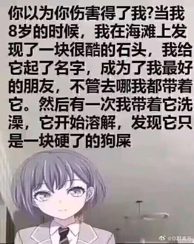 这是一张顶配底文的图文混排梗图，画面下方是一位表情冷漠、眼神淡然的短发卡通女孩，上方配有一段自嘲式的文字内容。文字以“你以为你伤害得了我？”开篇，接着讲述了一段荒诞搞笑的童年糗事：8岁时在海滩发现一块看起来很酷的石头，给它起了名字后当成最好的朋友，走到哪都随身携带，直到某次带着它洗澡时，这块“石头”开始溶解，才发现它其实是一块变硬的狗屎。这段文字用这种离谱又社死的童年经历，来表达自己早已经受过离谱的打击，内心强大到不会被轻易伤害的自嘲态度，图中没有双关、谐音梗等内容。