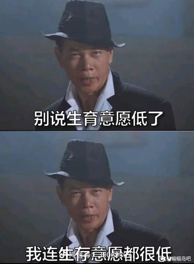两张上下拼接的电影剧照截图，同一人物戴着黑色礼帽、穿着黑色西装，表情严肃直视前方。上方图片配文“别说生育意愿低了”，下方图片配文“我连生存意愿都很低”，通过递进式吐槽，幽默地表达了当代人生存压力大的无奈情绪。